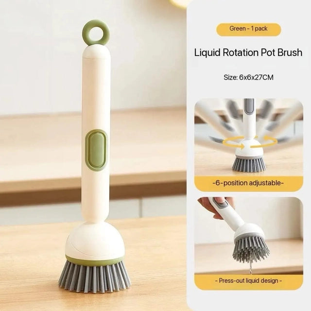 Rotatable Liquid Dispensing Dish Cleaning Brush | Soap Dispensing Kitchen Scrub Brush with 6-Position Rotating Head | Multi-Purpose Sink, Pot & Pan Cleaning Brush
